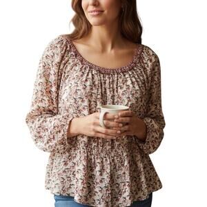 Max Studio Floral Blouse Womens Large Cream Red Smocked Waist Peplum Top